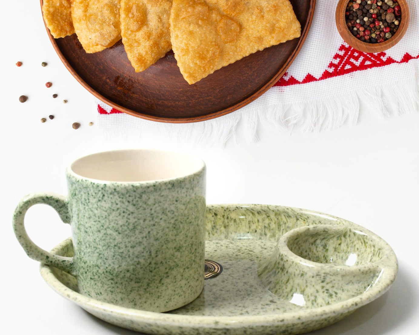 Alpino Ceramic Tea / Cups Set With Plastic Serving 2 Compartment Platter, Milk Cup / Mug, Coffee Cup, Tea Cup BPA Free Food Grade, or Outdoor for Household Gift For Birthday (3 Pcs Set)