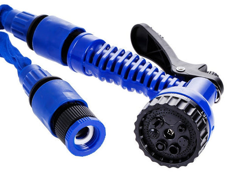 Expandable hose pipe with nozzle for garden and car wash.