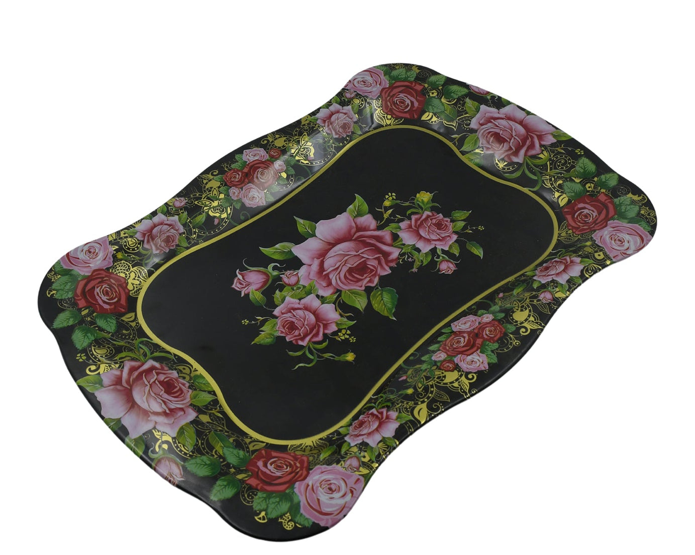 Stainless Steel Serving Tray With Flower Printed Rectangle Premium Dining Table Plate (18 x 8.5 Inch / 1 Pc)