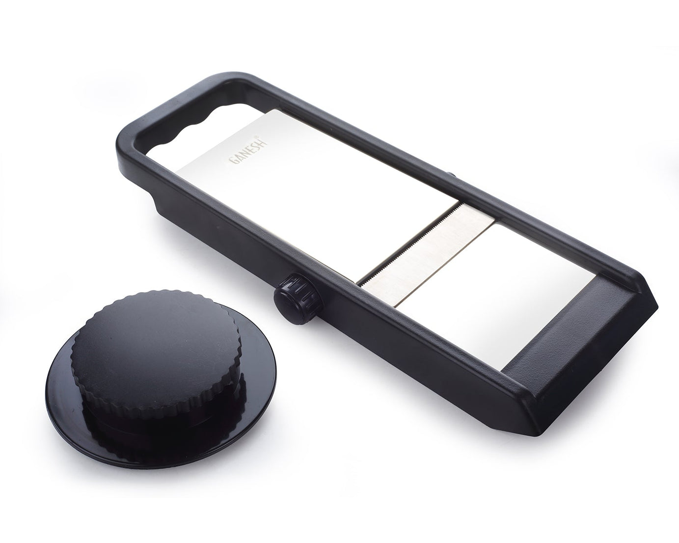 Adjustable plastic slicer by Ganesh, black and silver, 1 piece.