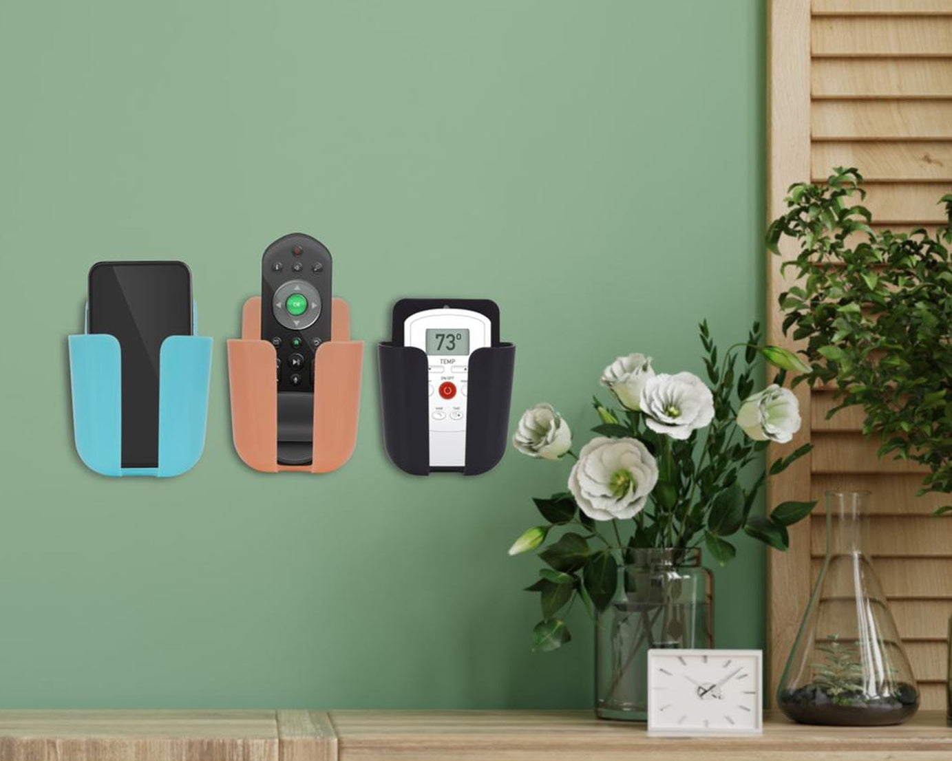 Colorful remote storage organizer case, wall-mounted for convenience.