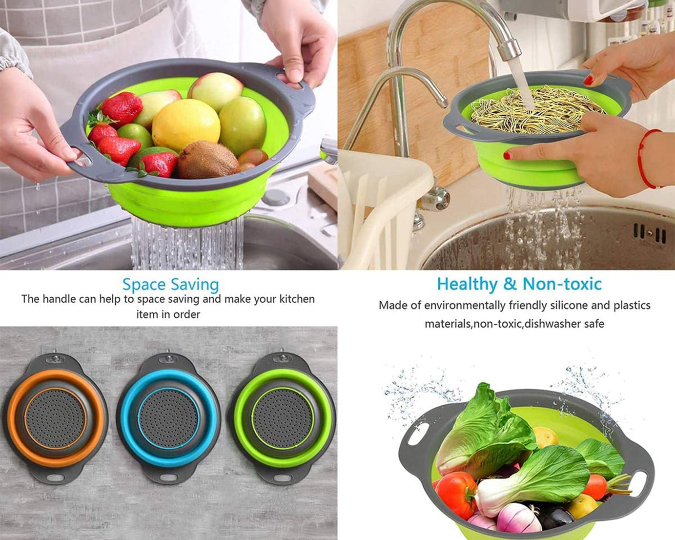 Collapsible silicone strainer for kitchen use