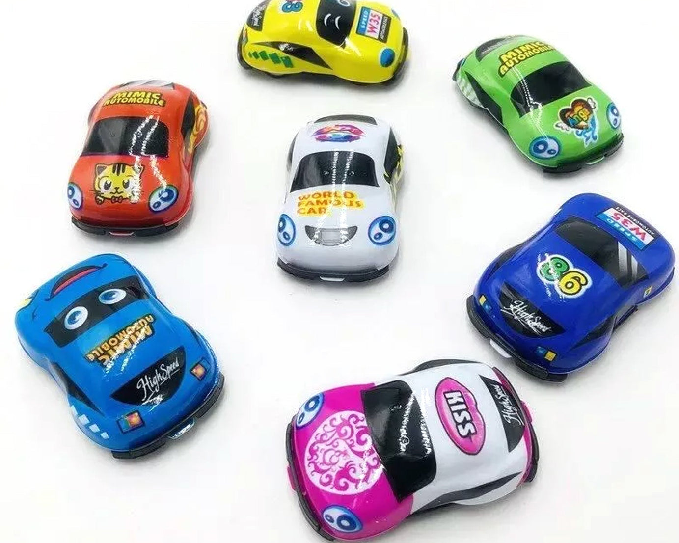 Group of mini pull back cars, showcasing different designs for children.