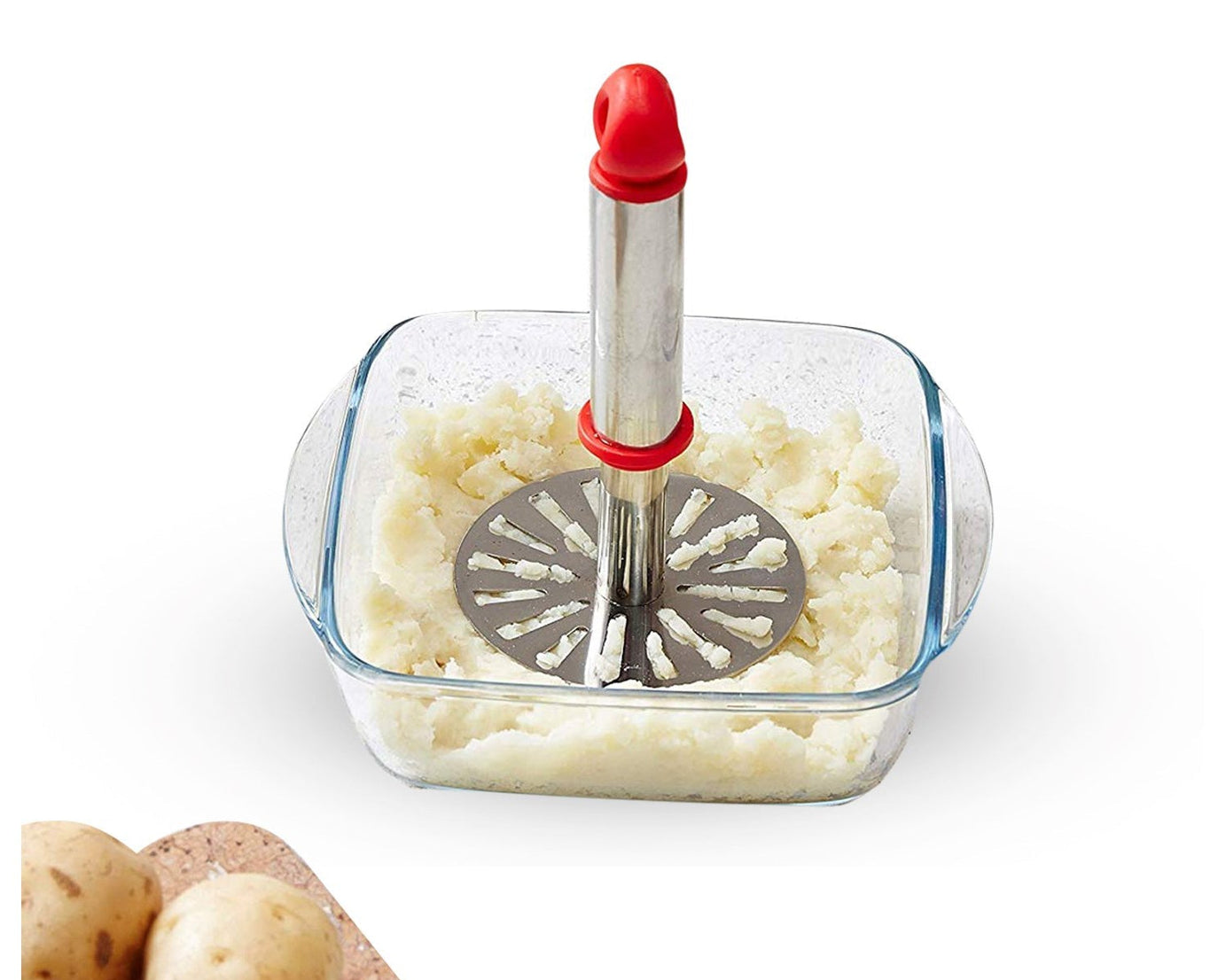 Silver and plastic masher, oval-shaped, Ganesh brand, with plastic handle.