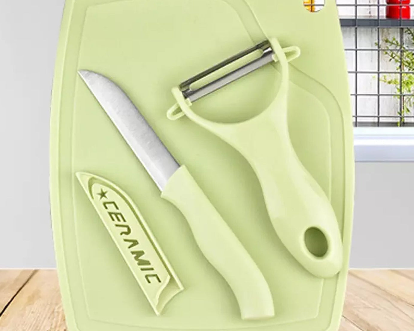 Plastic Kitchen Peeler - Green & Classic Stainless Steel 3-Piece Knife Set Combo
