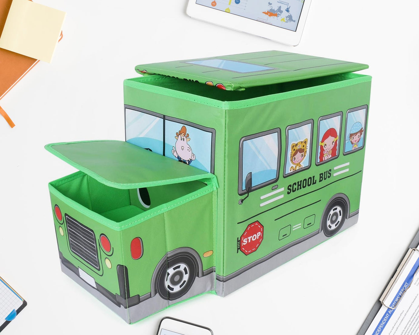 Foldable Bus Shape Toy Box Storage with Lid for Storage of Toys Basket Useful as Toy Organizer mountable Racks Surface Multipurpose Basket for Kids Wardrobe Cabinet Wood with Cloth Cover For Home Decor Books, Game, Baby Cloth (Mix Color & Design )