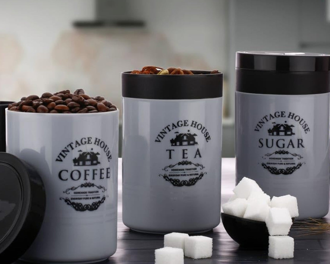 5736 Accurate Seal Tea Sugar Coffee Container - 3 Pcs Plastic Damru Shaped Tea, Coffee, Sugar Canisters Jar, New Airtight Food Seal Containers for Salt, Dry Fruit, Grocery Multicolor (3 Pcs Set)