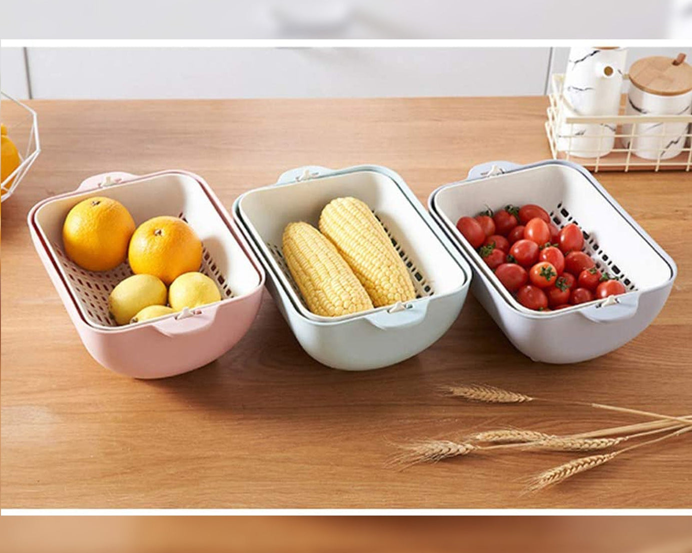 Plastic strainer bowl with handles, ideal for kitchen use