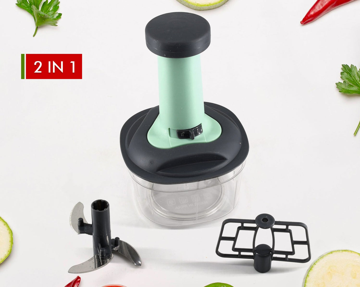 Push chopper with stainless steel blades, from the side