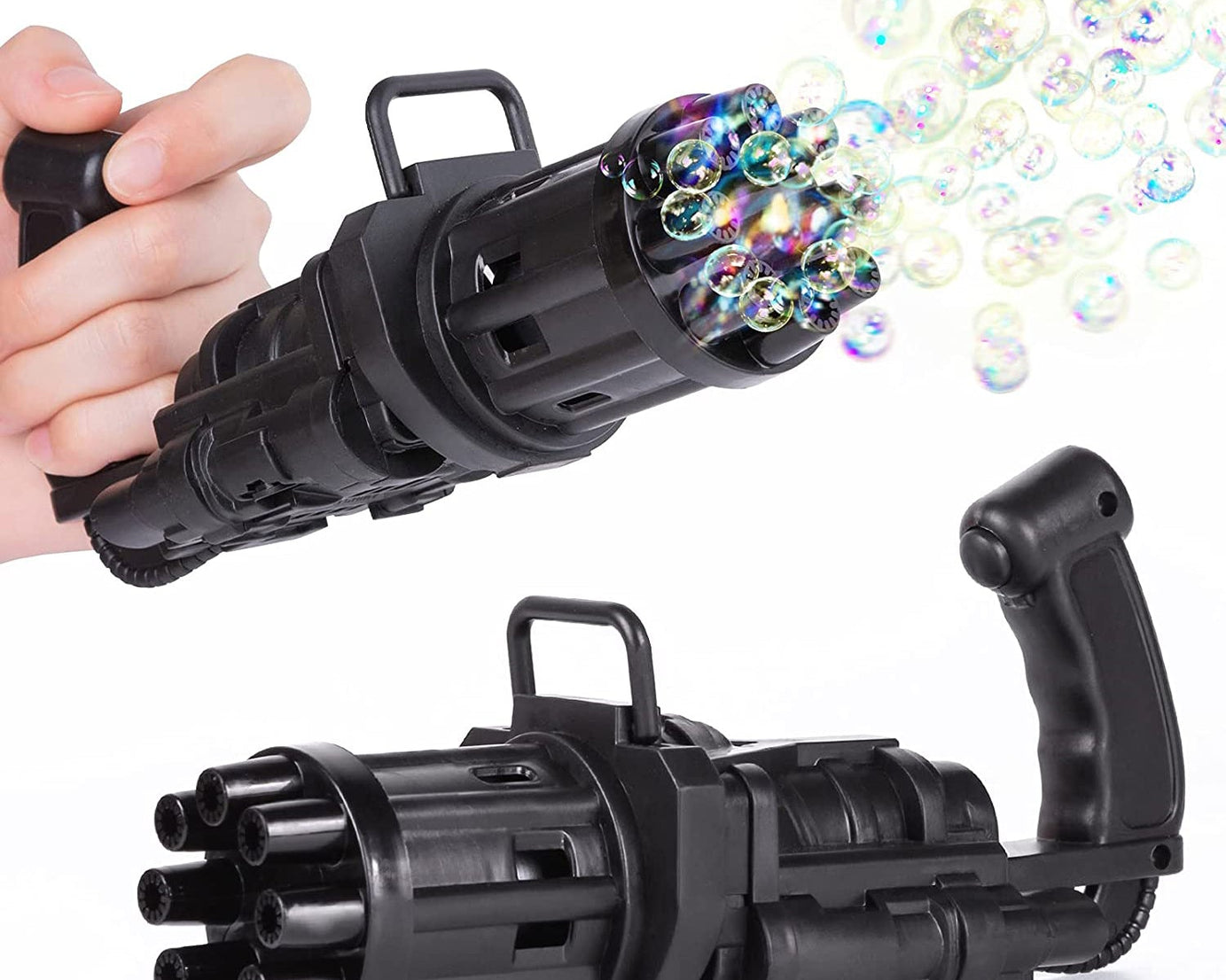 Battery-operated bubble gun with eight holes for bubbles
