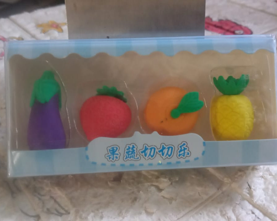 Mini Cute Vegetables and Fruits Erasers or Pencil Rubbers for Kids, 1 Set Fancy & Stylish Colorful Erasers for Children, Eraser Set for Return Gift, Birthday Party, School Prize, 3D Erasers  (4 pc Set)