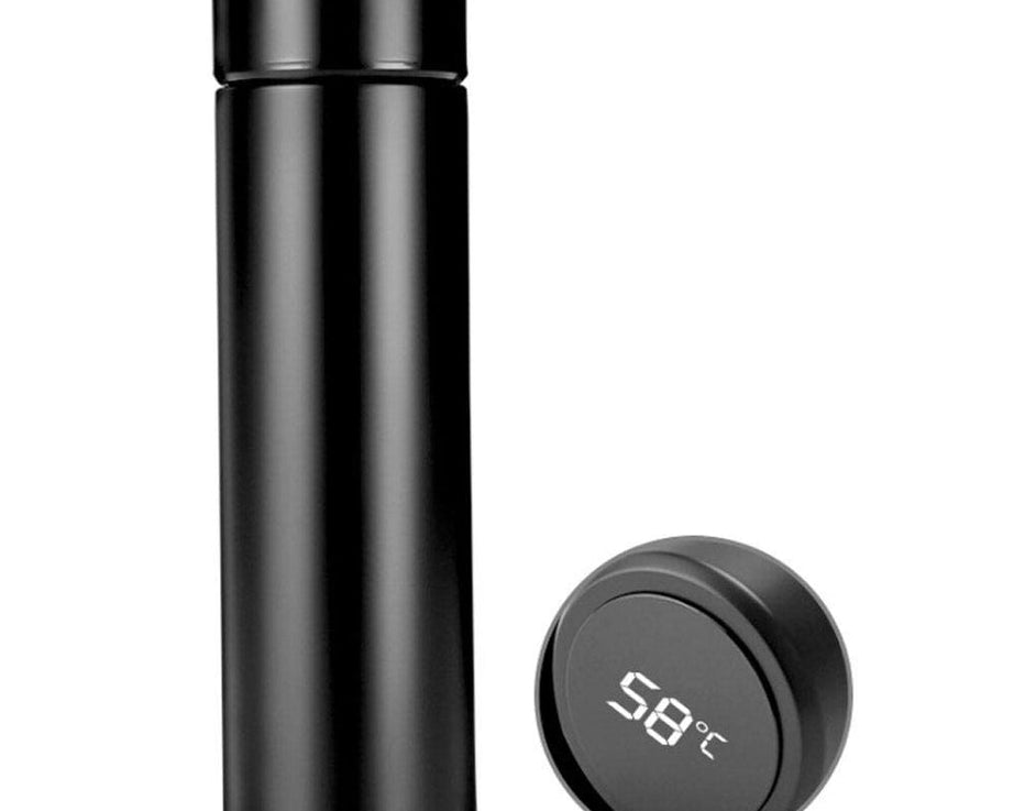 Smart water flask, stainless steel, angled view