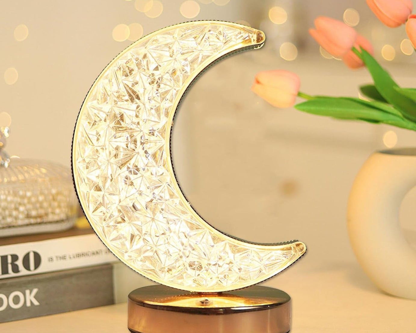 Crystal Table Lamp | Moon Shape Touch Control Lamp with 3 Color | Metal Bedside Lamp for Kids Bedroom Romantic Desktop Nightstand | Stepless Dimming USB Charging Touch Night Light