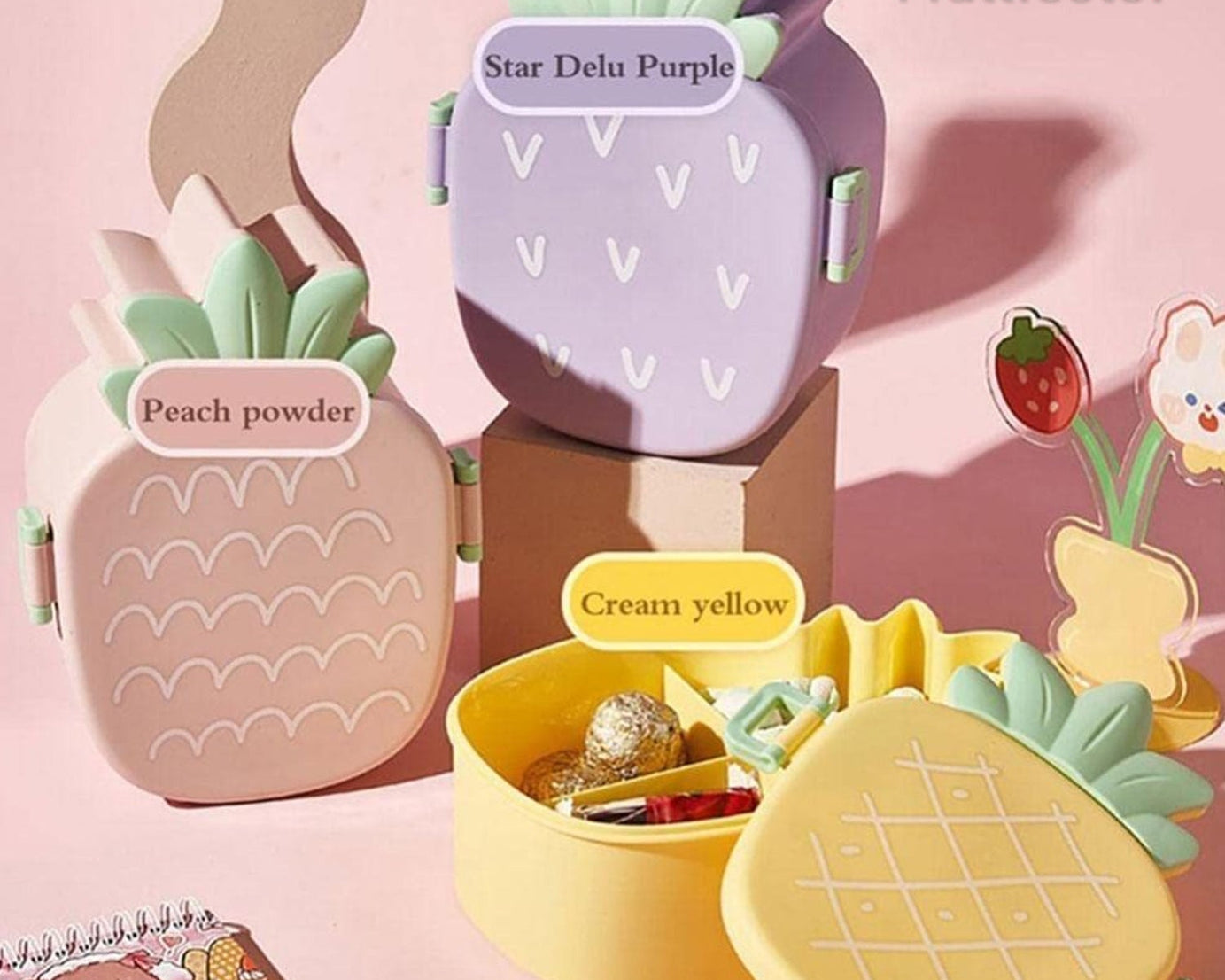 5729 Kids Lunch Box Cute Pineapple Shaped Bento Box with Fork Spoon Snack Candy Container Microwave Portable Office Lunch Box (1 Pc / With Spoon, Fork & Color Box)