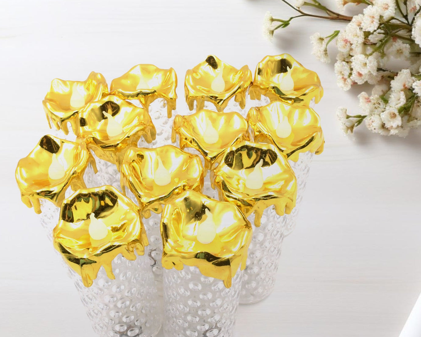 Gold Flameless Candles LED Light Flameless and Smokeless Decorative, Candles Led Tea Light Candle Perfect for Gifting, Home, Diwali,Wedding, Christmas, Crystal Candle Lights, Table Decorations (12 Pc MOQ)