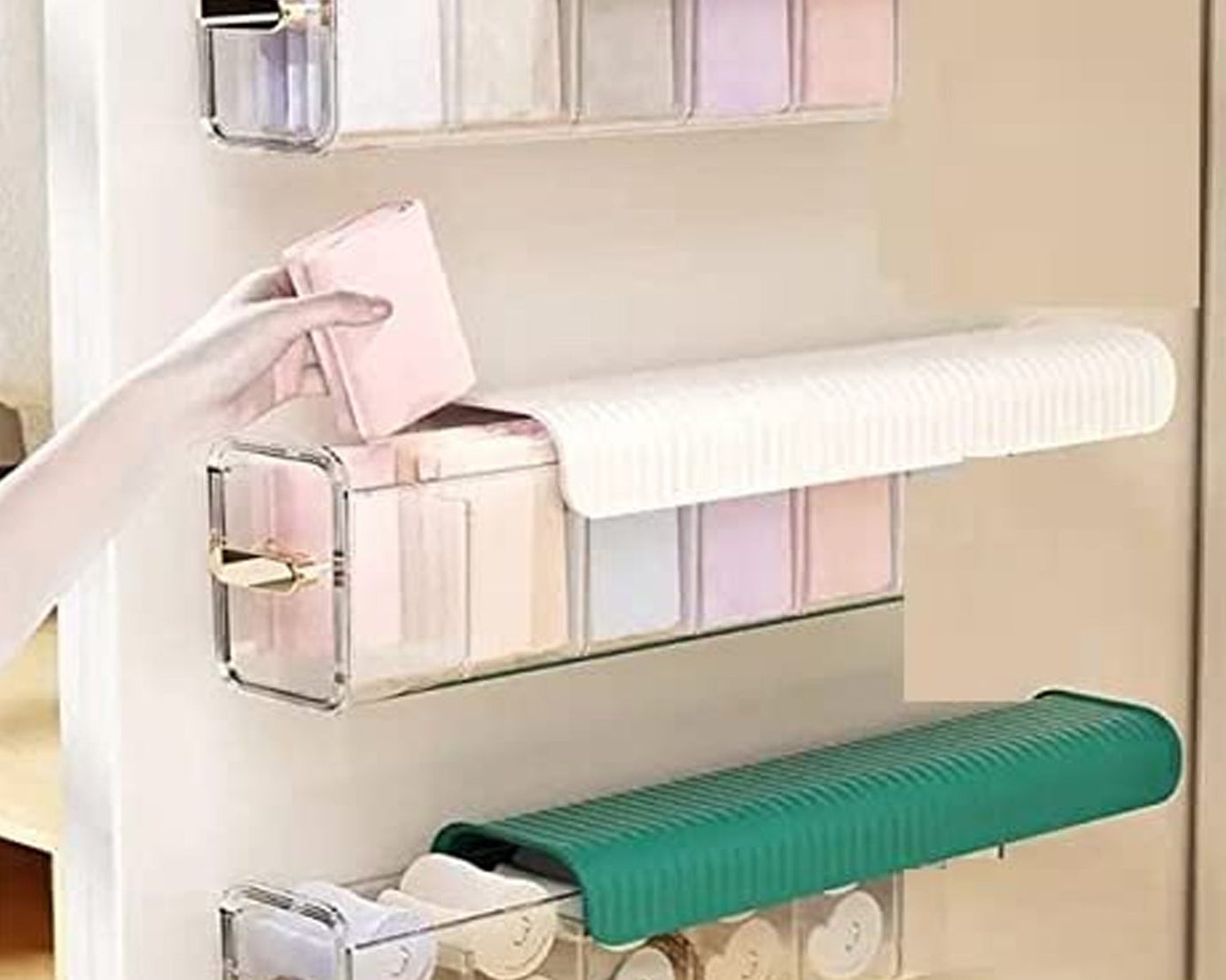 Transparent acrylic drawer organizer with neatly arranged lingerie