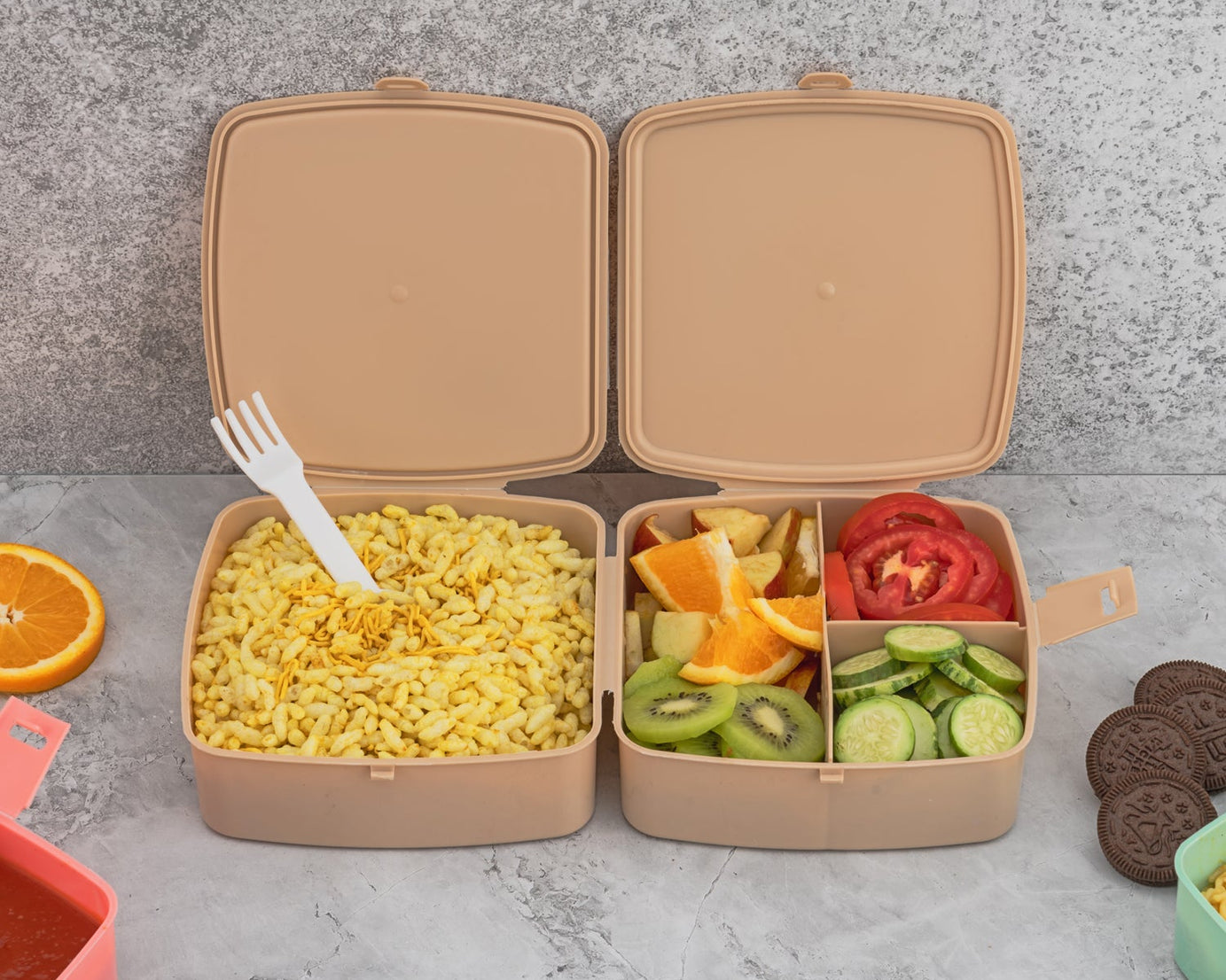 Double-Layer Square Lunch Box with  Spoon , 4 Compartment Tiffin & Push Lock , Plastic Tiffin Box for Travelling, School Kids & Office Exclusive, Home