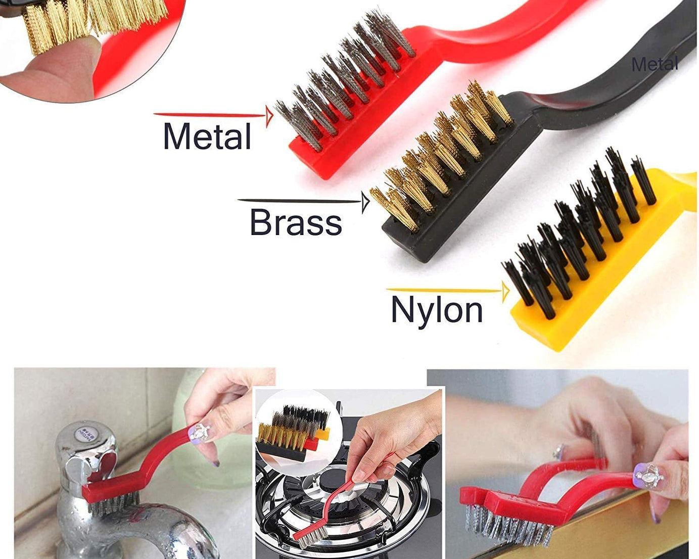 3pc Mini Wire Brush Set Brass Nylon Stainless Steel Bristles Household Cleaning Brush for Gas Stove, Smoke Machine Tool Burner Tiles Tap Rust Removal Welding Slag Dirt & Paint Scrubbing (3 Pcs Set)