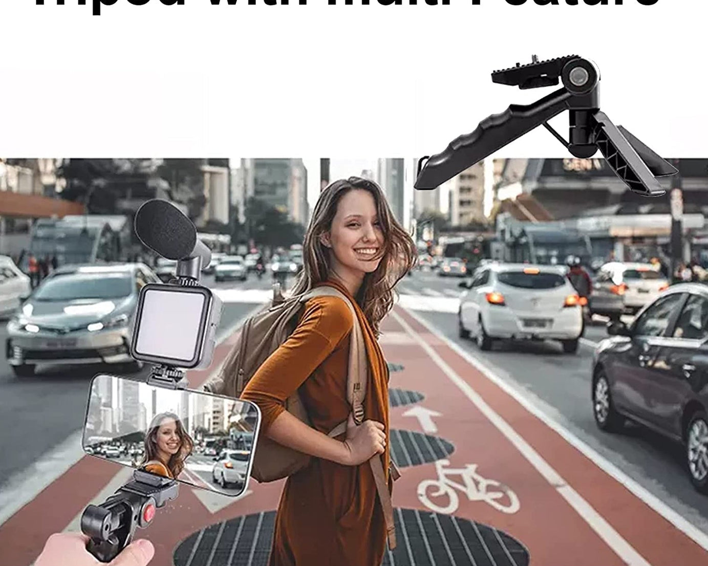 Vlogging kit showing mic and light setup