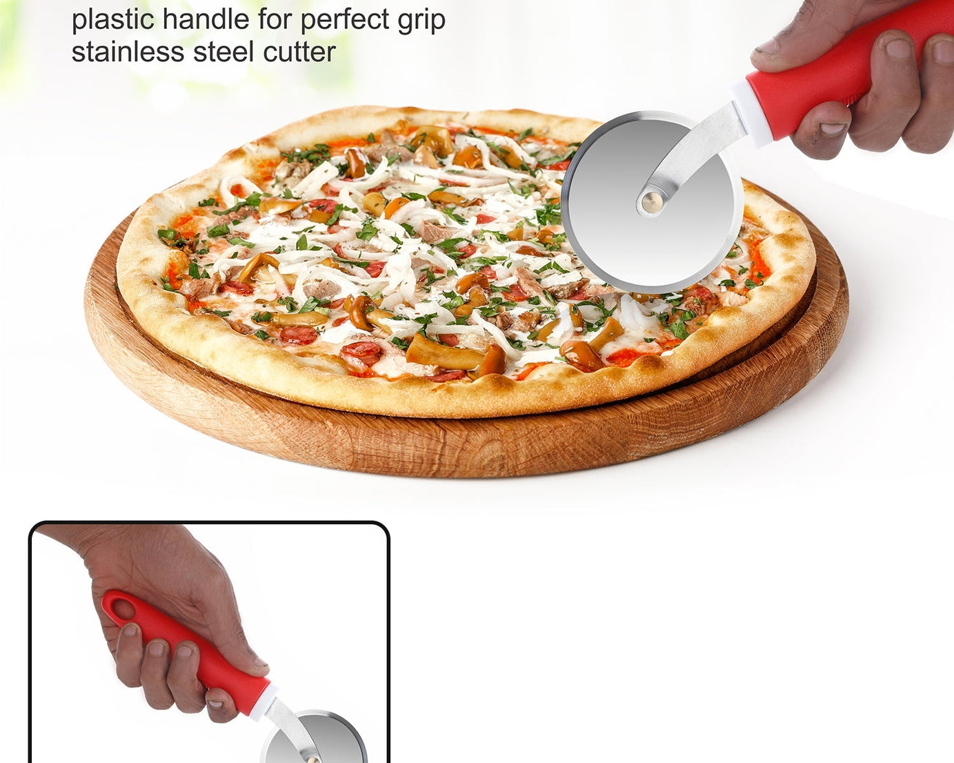 Ganesh pizza cutter wheel, stainless steel, showing different angles.
