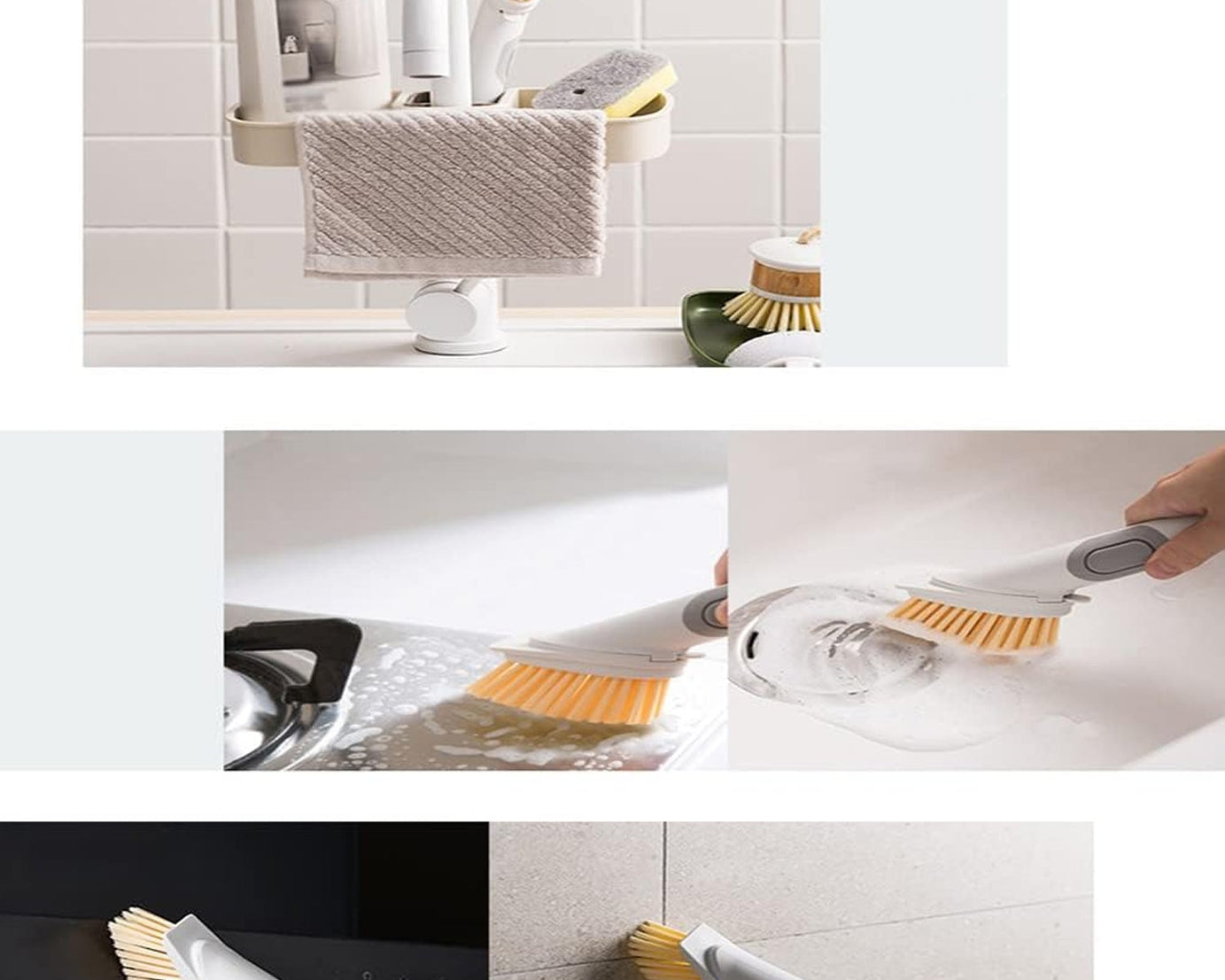 Cleaning Brushes Set, Scrub Brush Bathroom Brush, Long Handle Liquid Dispenser Pot Washing Brush