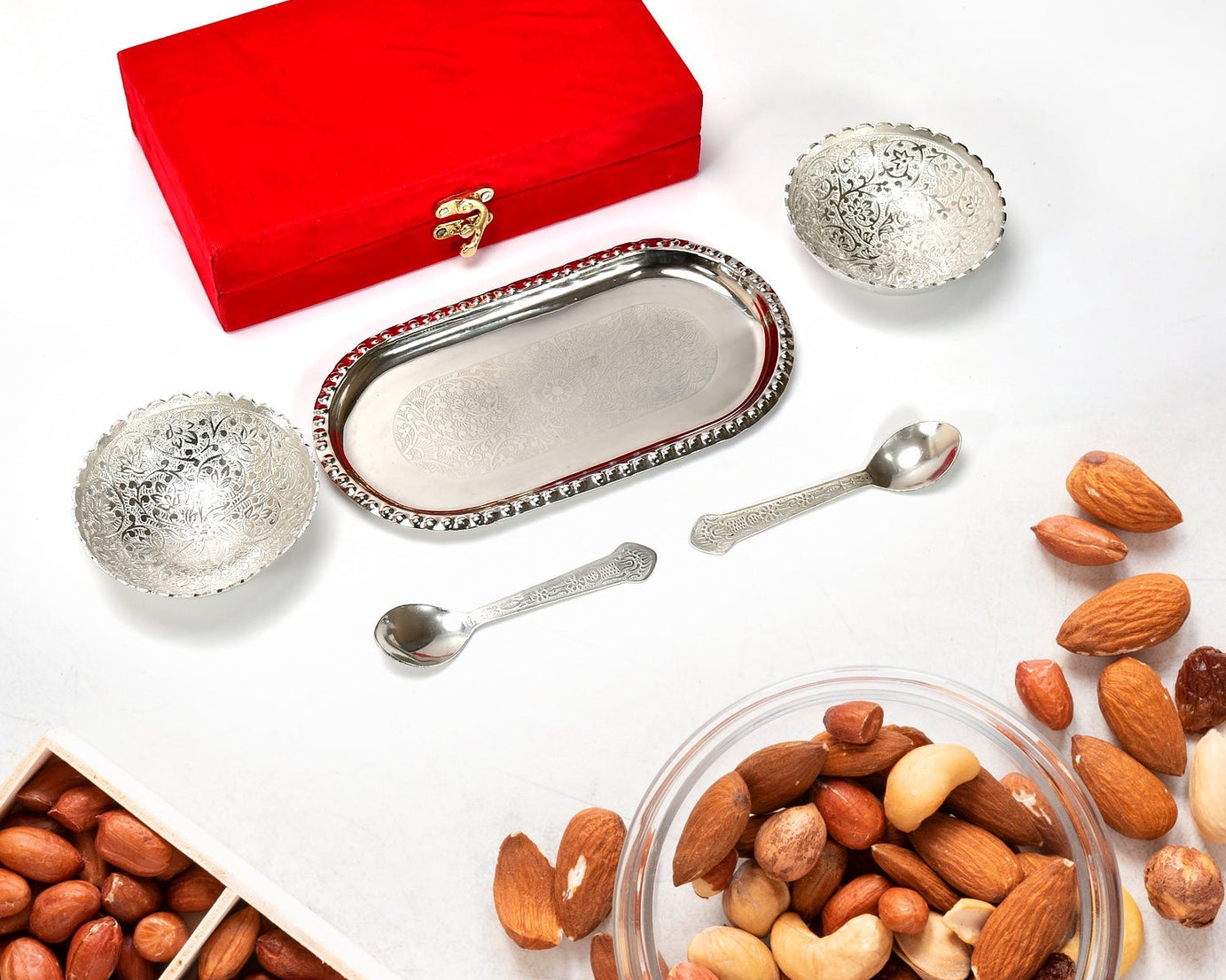 Silver plated brass tray set for serving.