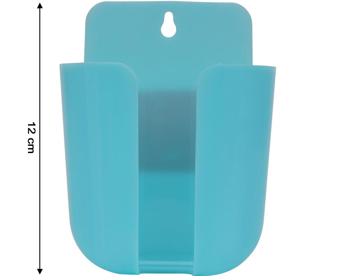 Colorful wall-mounted organizer for remotes and small household items.