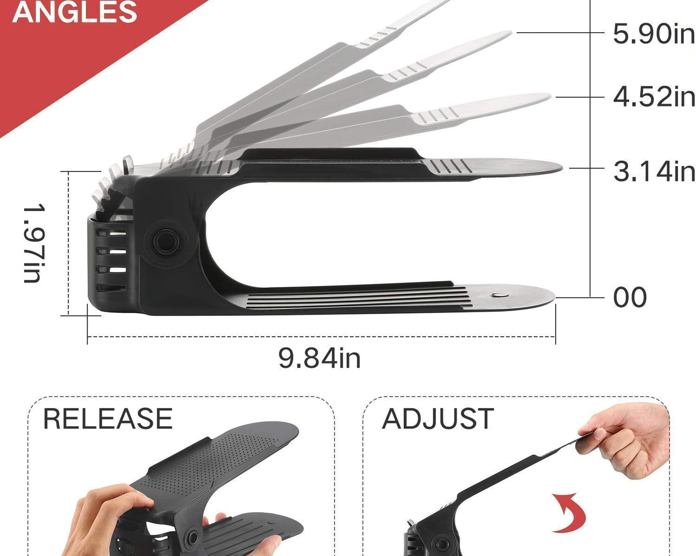 Adjustable folding shoe slots for organizing shoes efficiently.