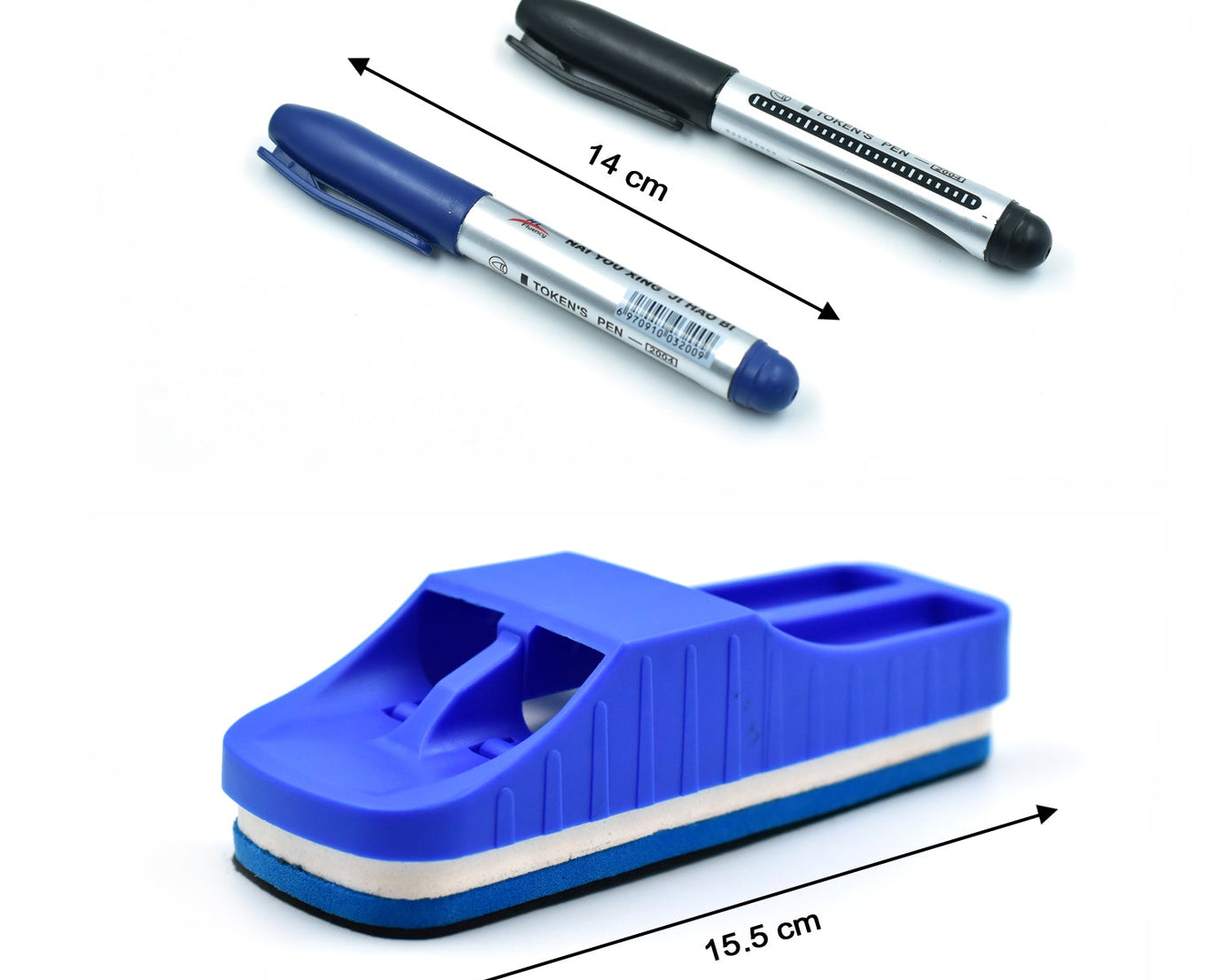 Duster, ruler, and marker for teaching and learning.