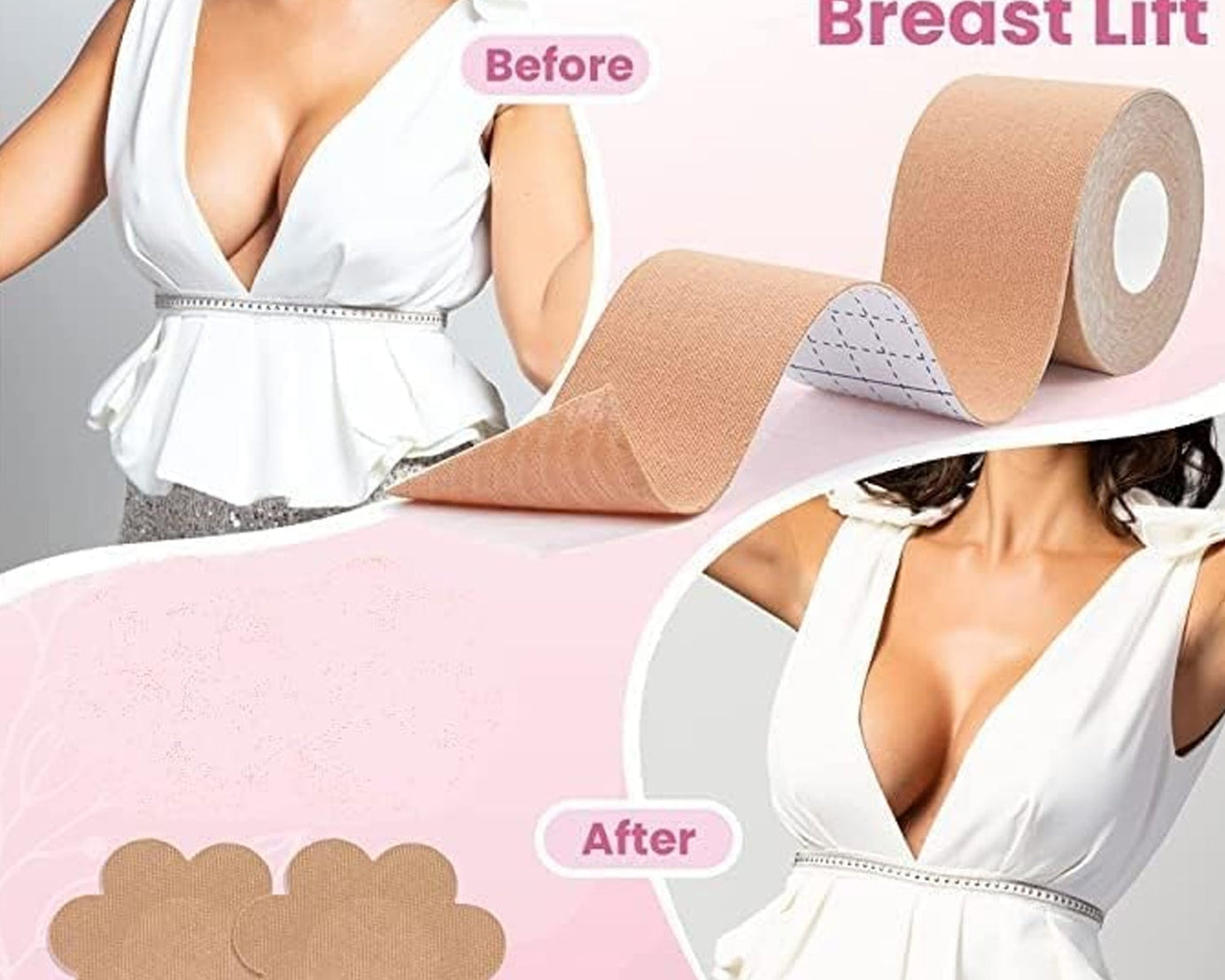 Boob Tape with Nipple Covers: Cotton, Breathable, Lift & Support (5m, 10 Pairs)