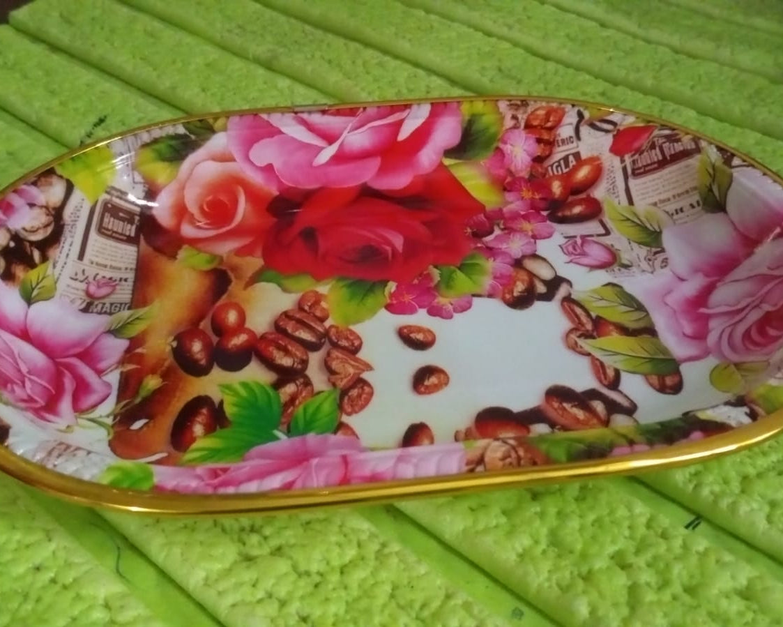 Small Plastic Flower Printed Design Serving Tray (1 Pc / 27 x 18 CM / Mix Color)