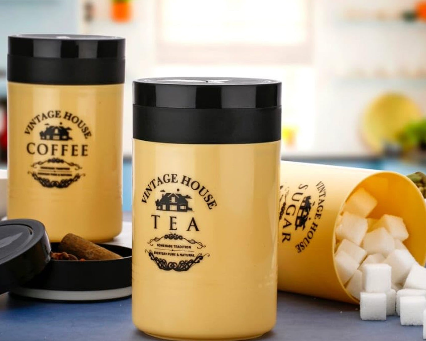 5736 Accurate Seal Tea Sugar Coffee Container - 3 Pcs Plastic Damru Shaped Tea, Coffee, Sugar Canisters Jar, New Airtight Food Seal Containers for Salt, Dry Fruit, Grocery Multicolor (3 Pcs Set)