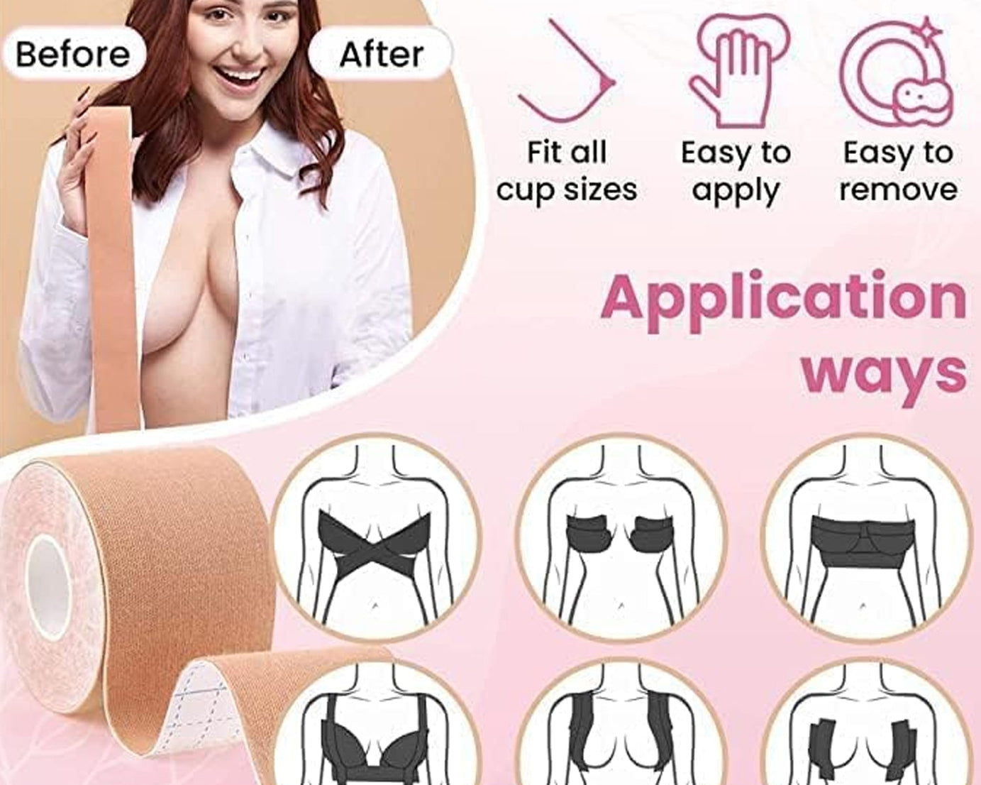 Boob Tape with Nipple Covers: Cotton, Breathable, Lift & Support (5m, 10 Pairs)