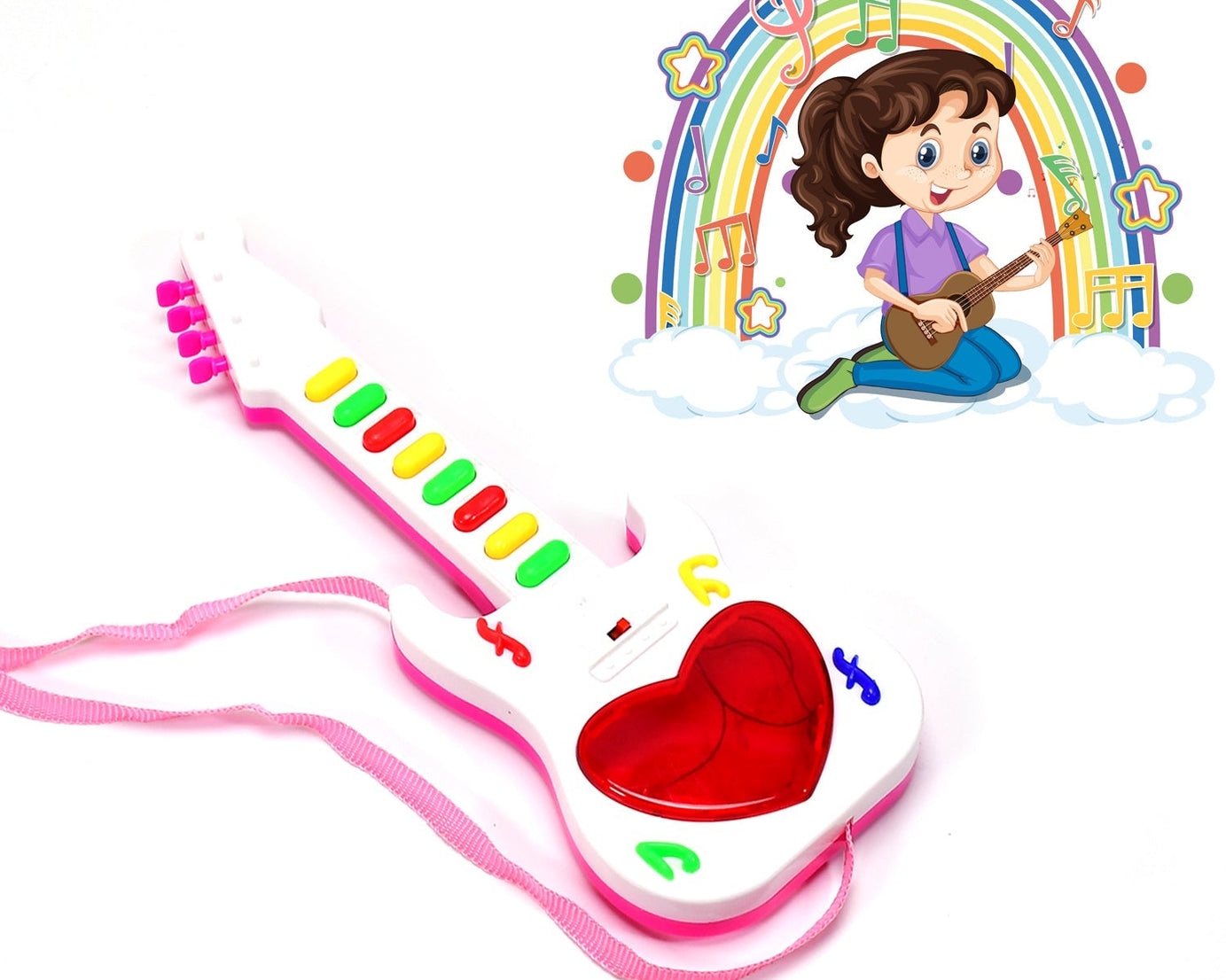Colorful mini guitar toy with music for kids.
