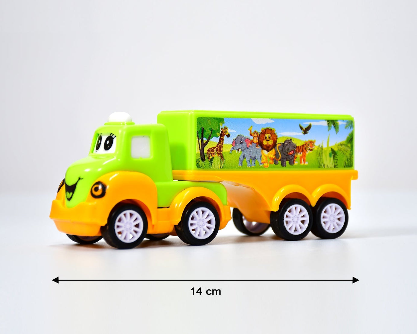 Colorful toy truck in green and yellow, small size