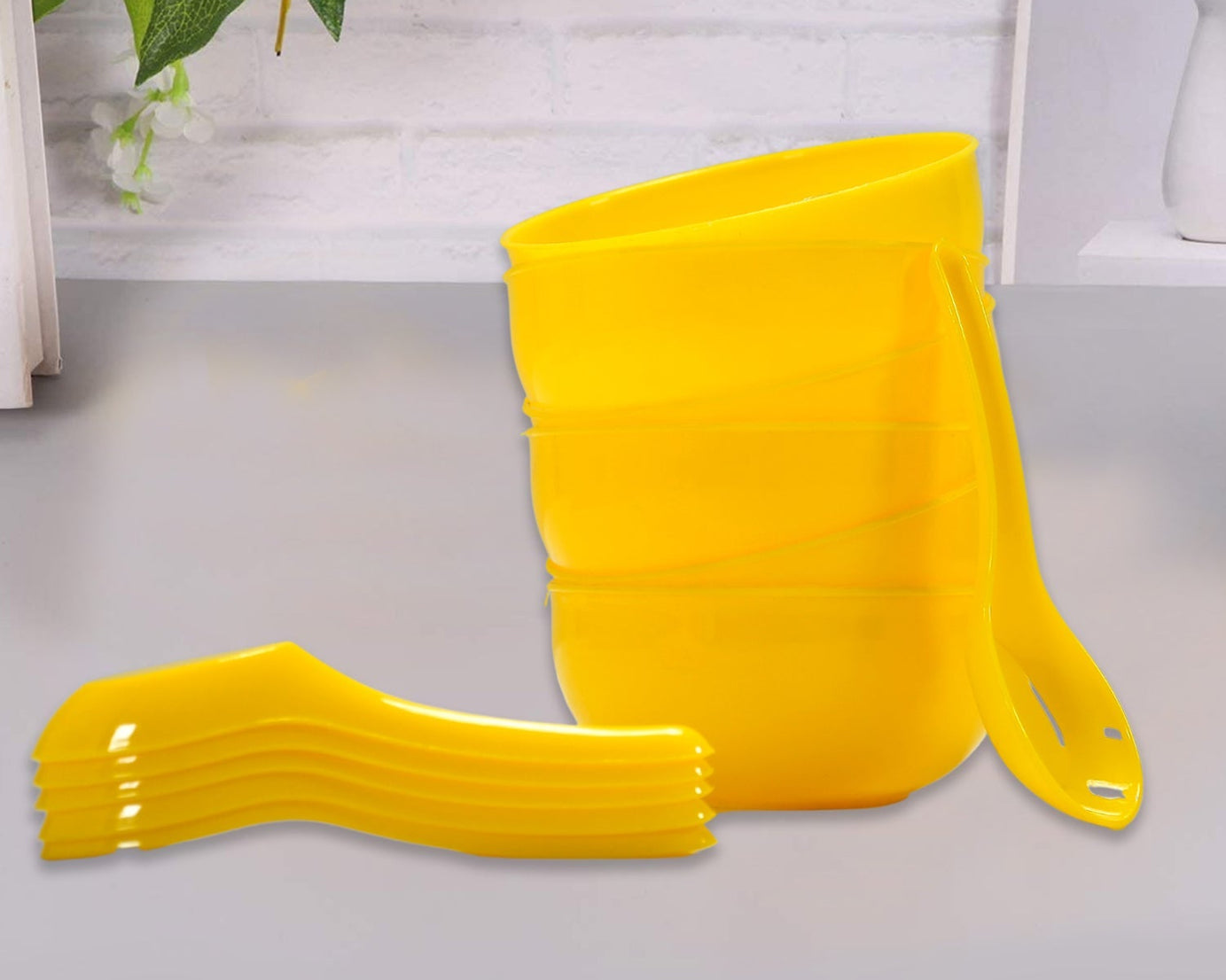 6-piece plastic soup bowl and spoon set, home kitchen