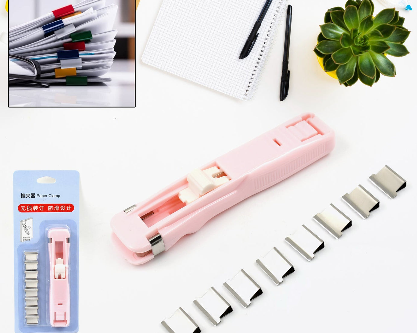 Portable Paper Clamp With 8 Pcs Clip Dispenser Handheld Paper Fast Clam (1 Set)