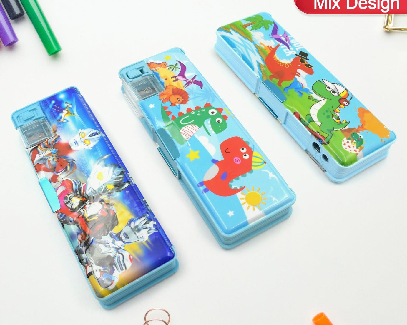 Multipurpose Compass Box, Plastic Double Deck Pencil Case with 2 Compartments, Supplies Utility Box Storage Organizer, Pencil Box for School, Cartoon Printed Pencil Case for Kids, Birthday Gift for Girls & Boys (1 Pc Mix Design)