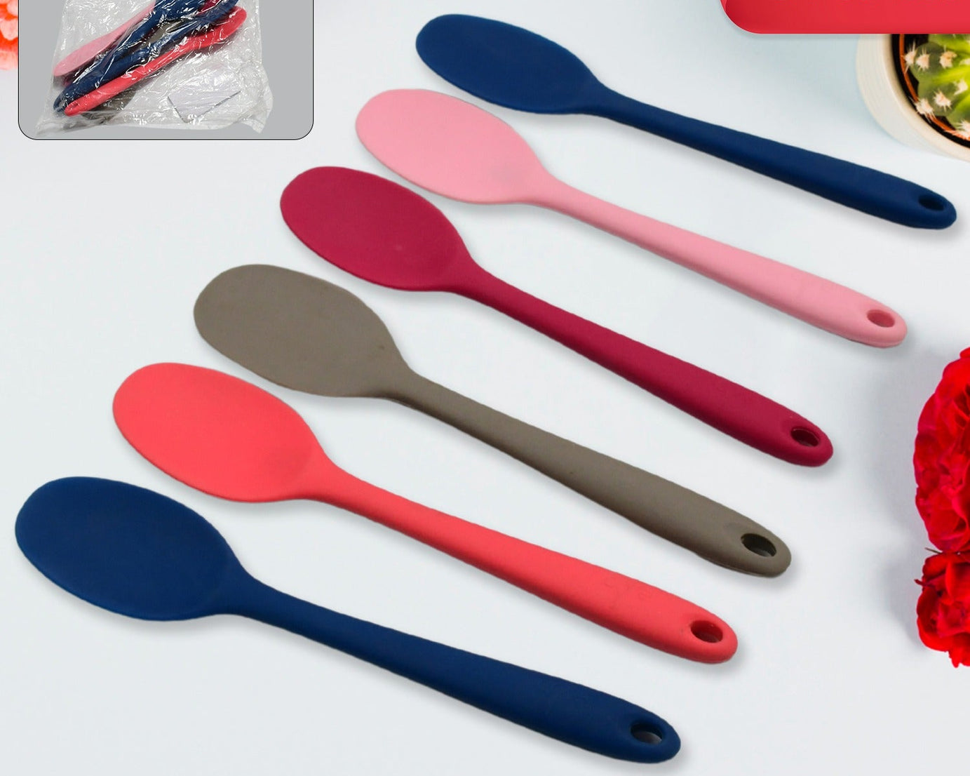 Multipurpose Silicone Spoon, Silicone Basting Spoon Non-Stick Kitchen Utensils Household Gadgets Heat-Resistant Non Stick Spoons Kitchen Cookware Items For Cooking and Baking (6 Pcs Set)