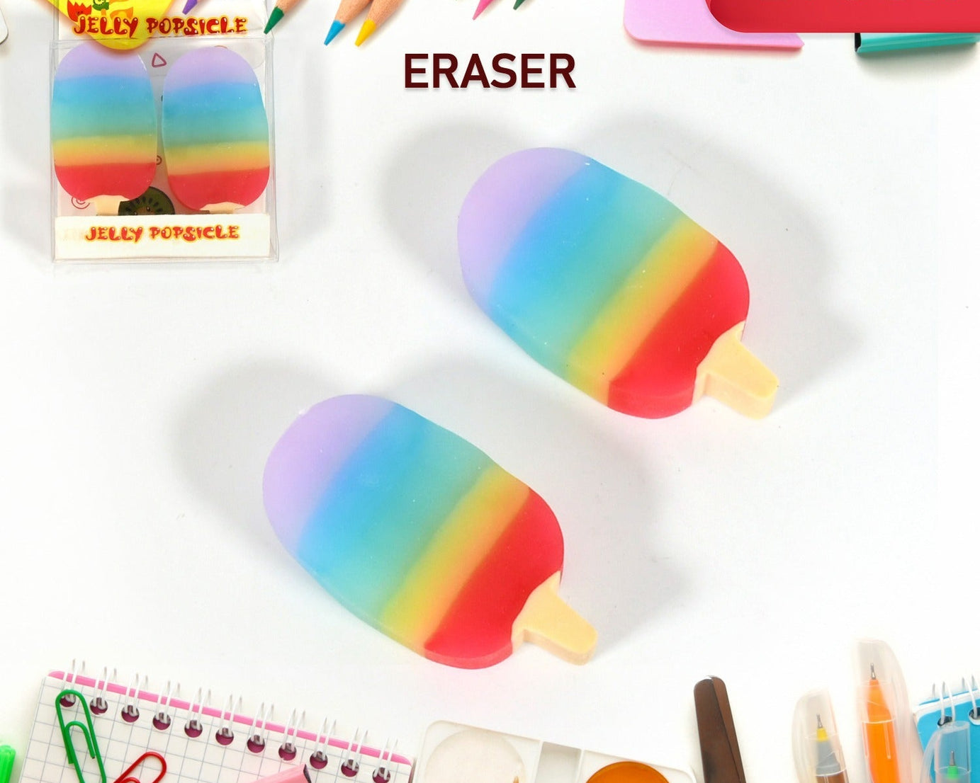 Jelly Popsicle Shape Fancy &amp; Stylish Erasers, Mini Eraser Creative Cute Novelty Eraser for Children Eraser Set for Return Gift, Birthday Party, School Prize (2 Pc Set| Mix Design)