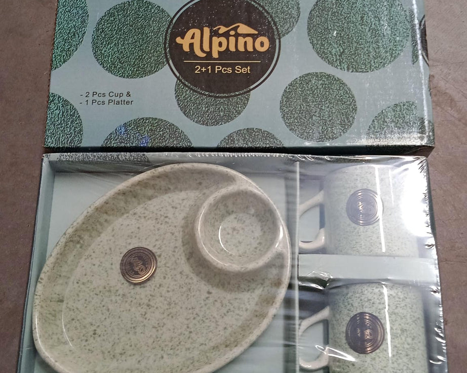Alpino Ceramic Tea / Cups Set With Plastic Serving 2 Compartment Platter, Milk Cup / Mug, Coffee Cup, Tea Cup BPA Free Food Grade, or Outdoor for Household Gift For Birthday (3 Pcs Set)