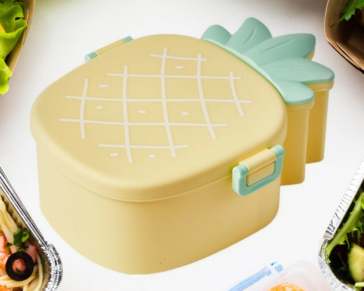 5750 Kids Lunch Box Cute Pineapple Shaped Bento Box with Fork Spoon Snack Candy Container Microwave Portable Office Lunch Box (1 Pc / With Spoon & Fork)