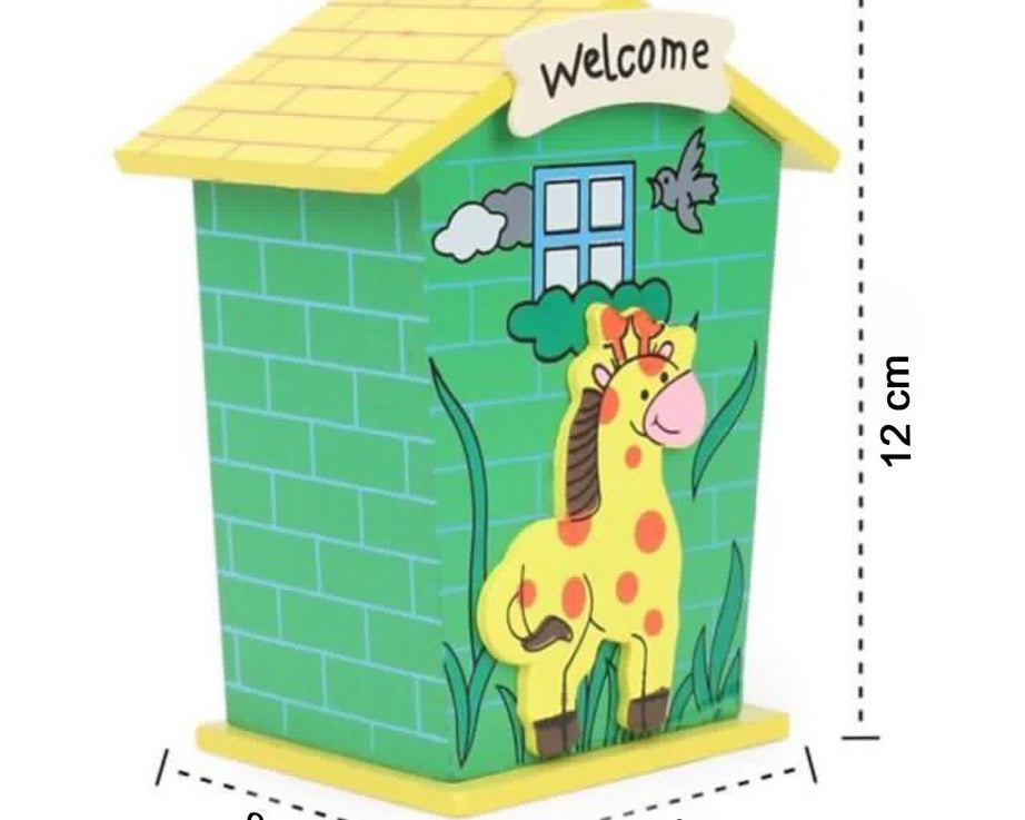House-shaped wooden money bank