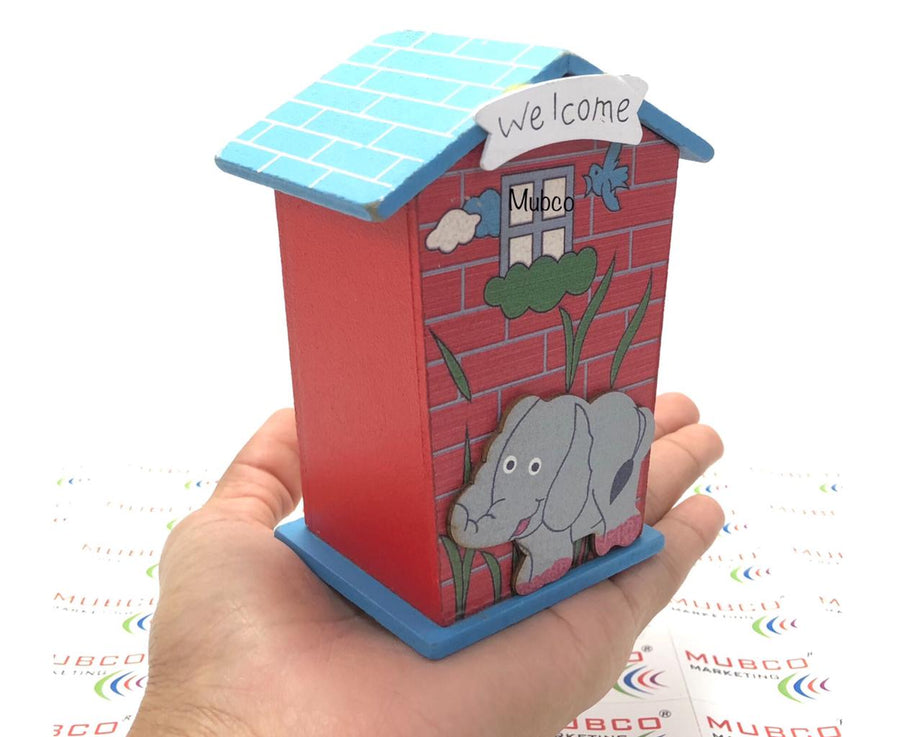 Wooden piggy bank in cartoon style