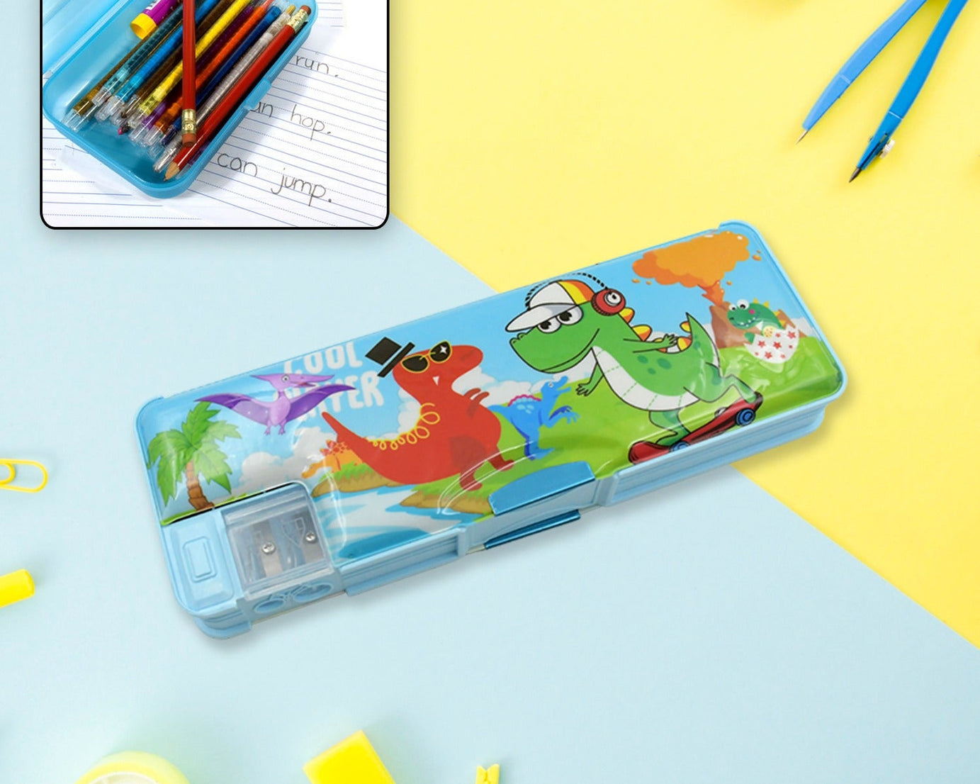 Multipurpose Compass Box, Plastic Double Deck Pencil Case with 2 Compartments, Supplies Utility Box Storage Organizer, Pencil Box for School, Cartoon Printed Pencil Case for Kids, Birthday Gift for Girls & Boys (1 Pc Mix Design)