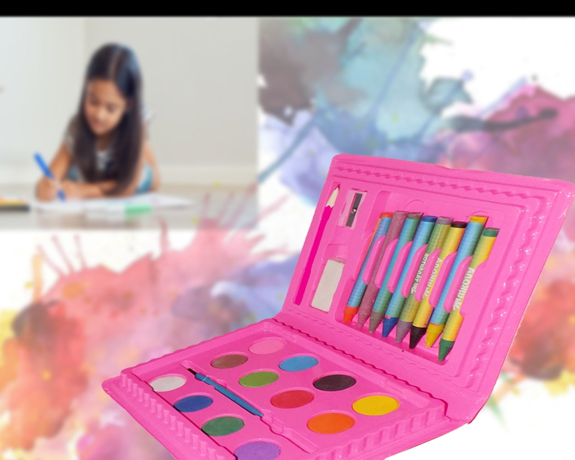 Colorful art kit with 24 pieces, including crayons and paints.