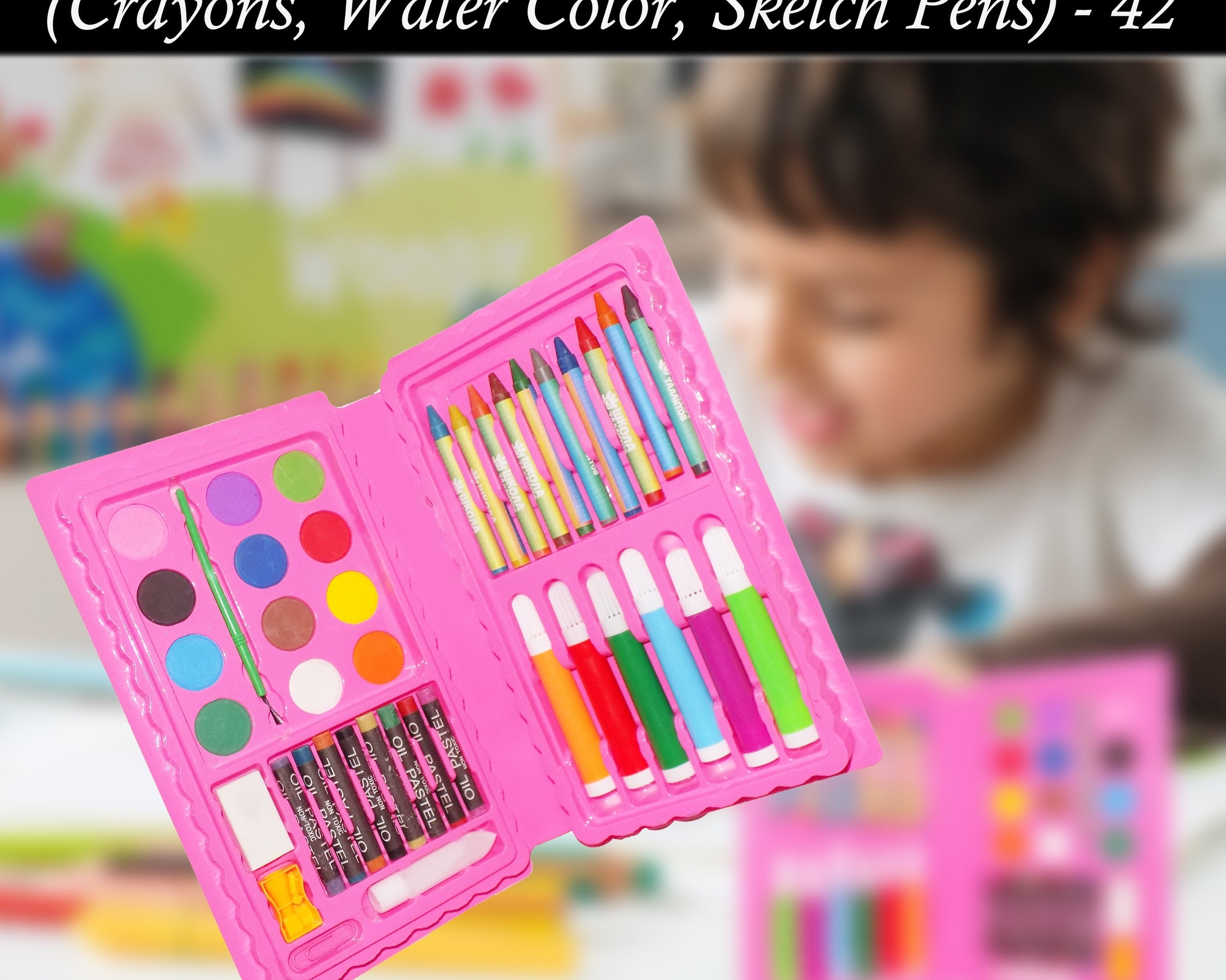 Art and craft kit with a variety of drawing and coloring tools.