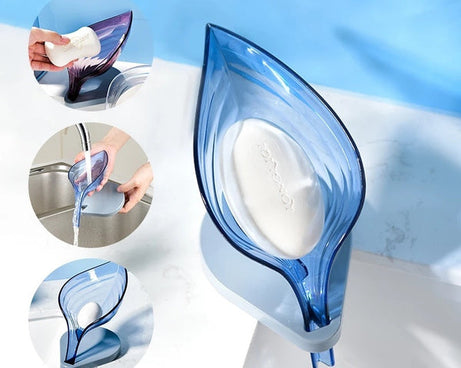 Leaf-shaped soap box with self-draining design.