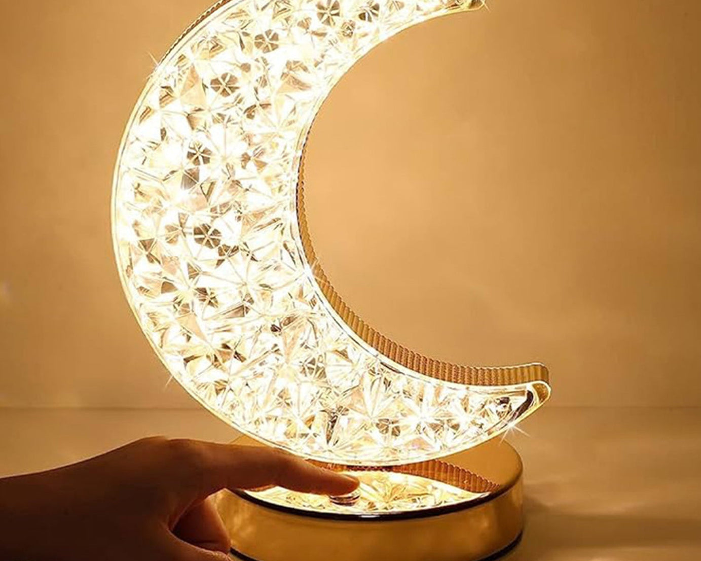 Crystal Table Lamp | Moon Shape Touch Control Lamp with 3 Color | Metal Bedside Lamp for Kids Bedroom Romantic Desktop Nightstand | Stepless Dimming USB Charging Touch Night Light
