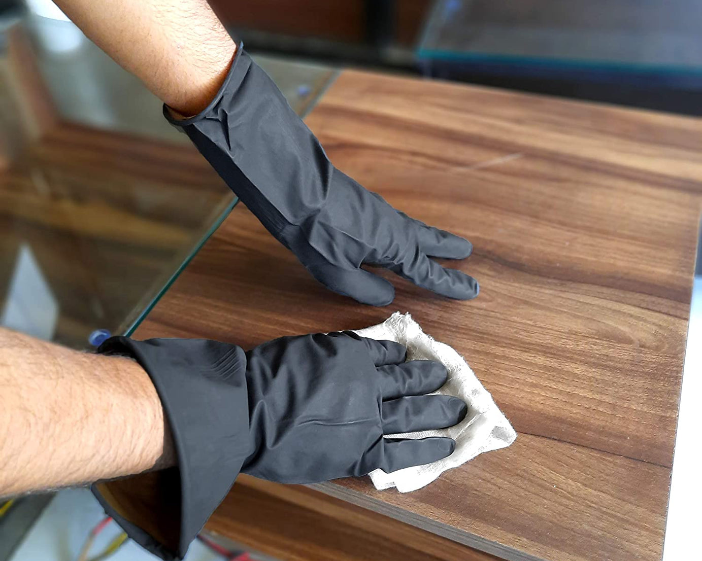 Reusable natural rubber gloves for various cleaning tasks.
